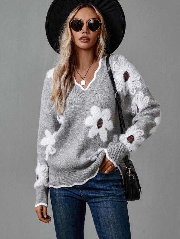 Women's Daisy Floral V-Neck Jumper