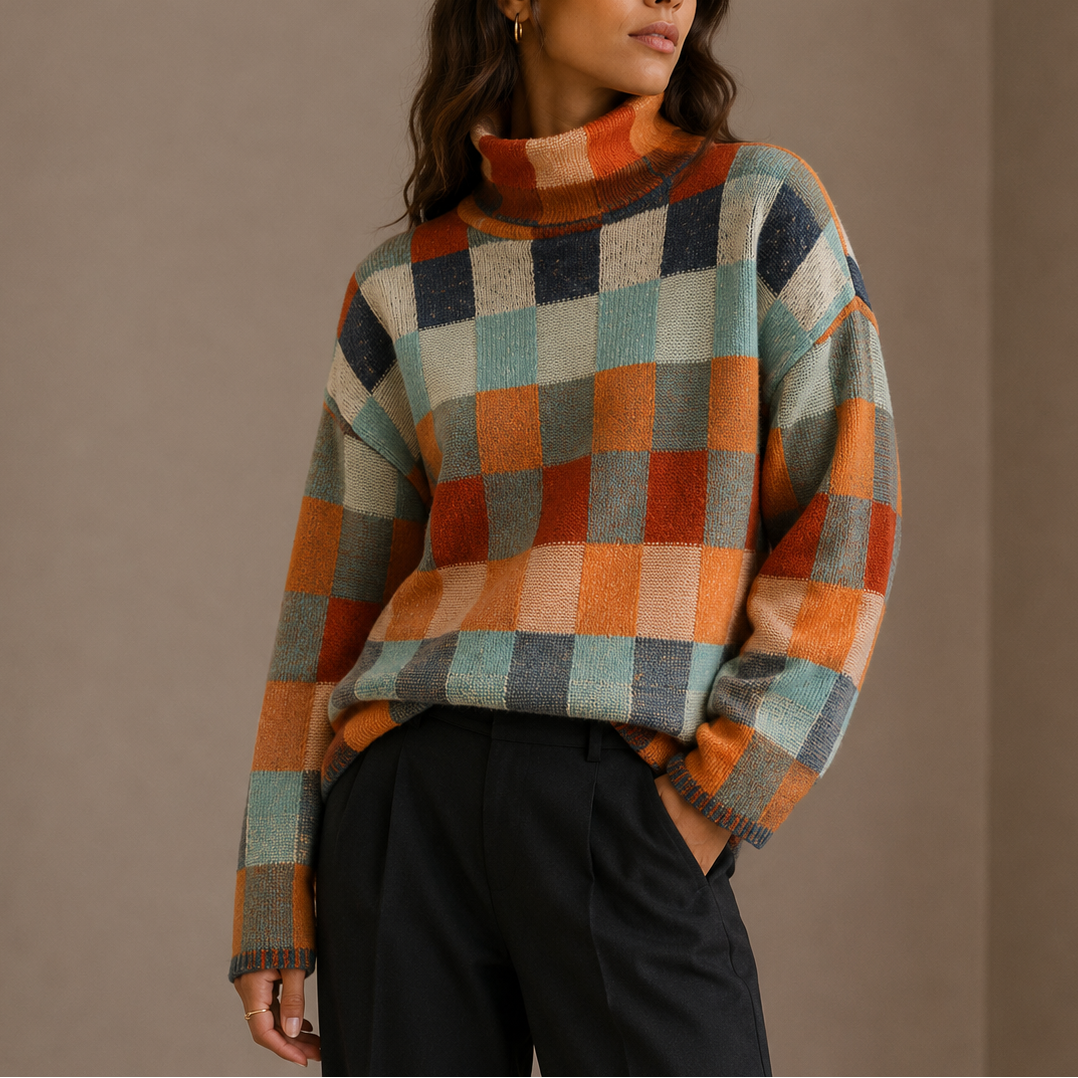 Women's Checkered Turtleneck Knit Jumper