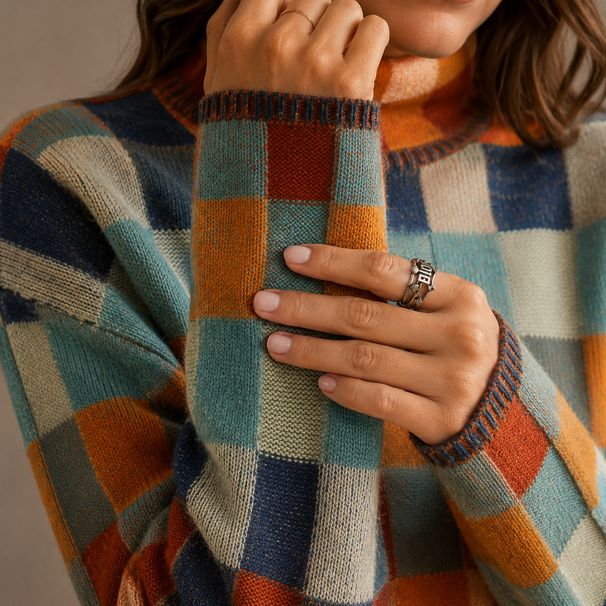Women's Checkered Turtleneck Knit Jumper