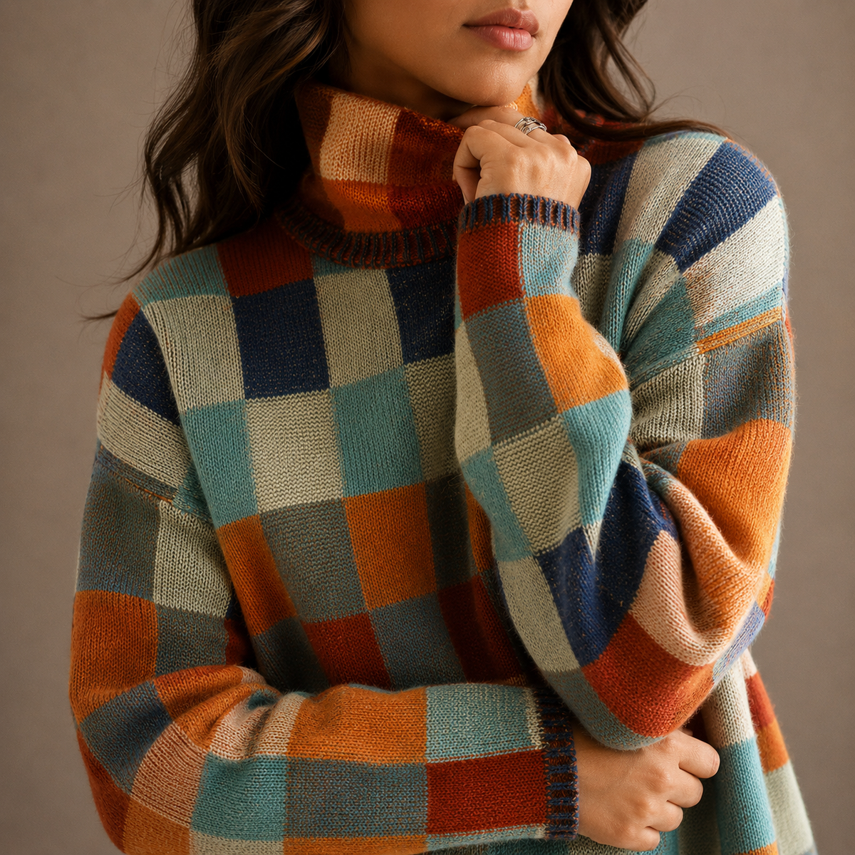 Women's Checkered Turtleneck Knit Jumper