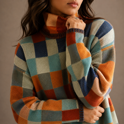 Women's Checkered Turtleneck Knit Jumper