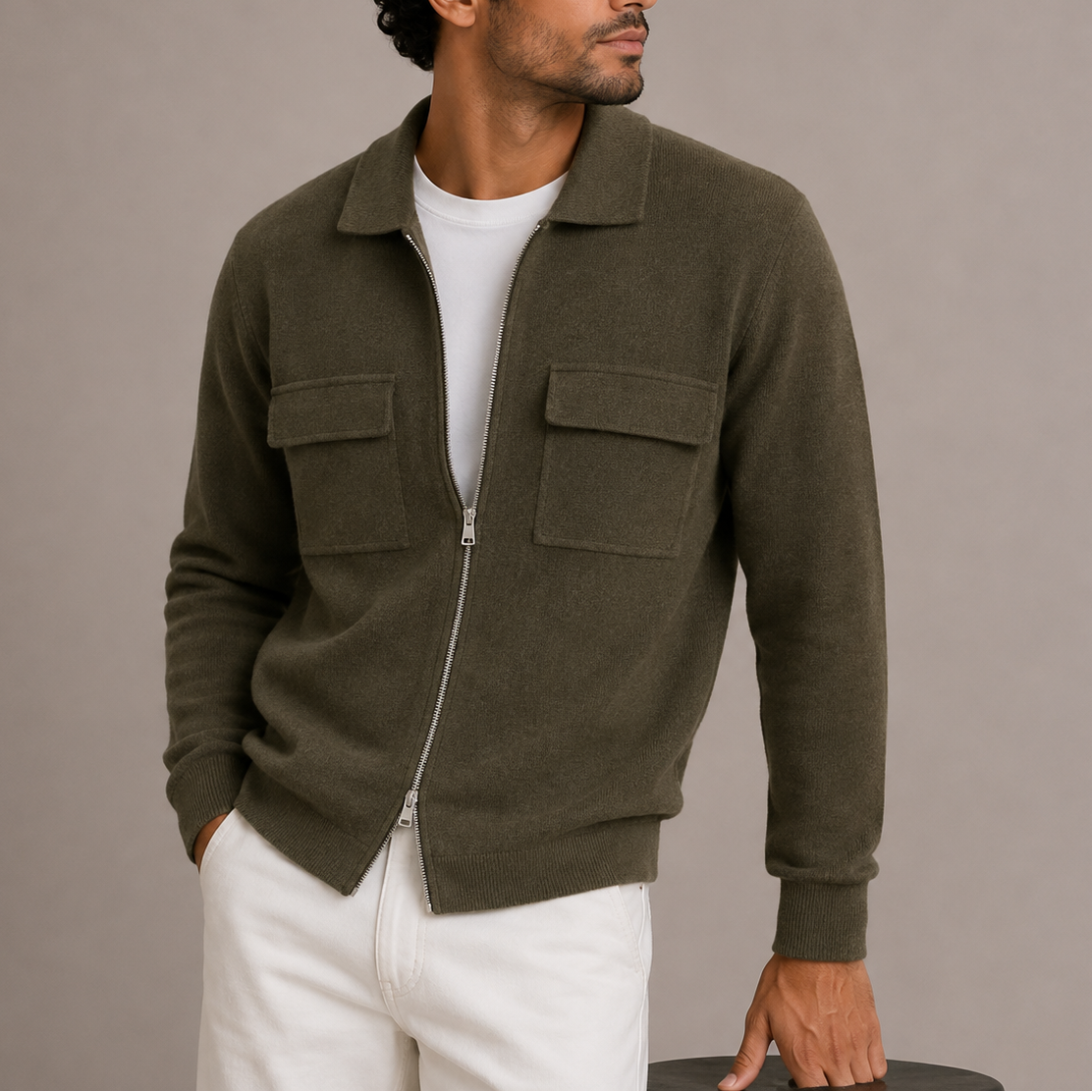 Men's Collared Zip Knit Cardigan