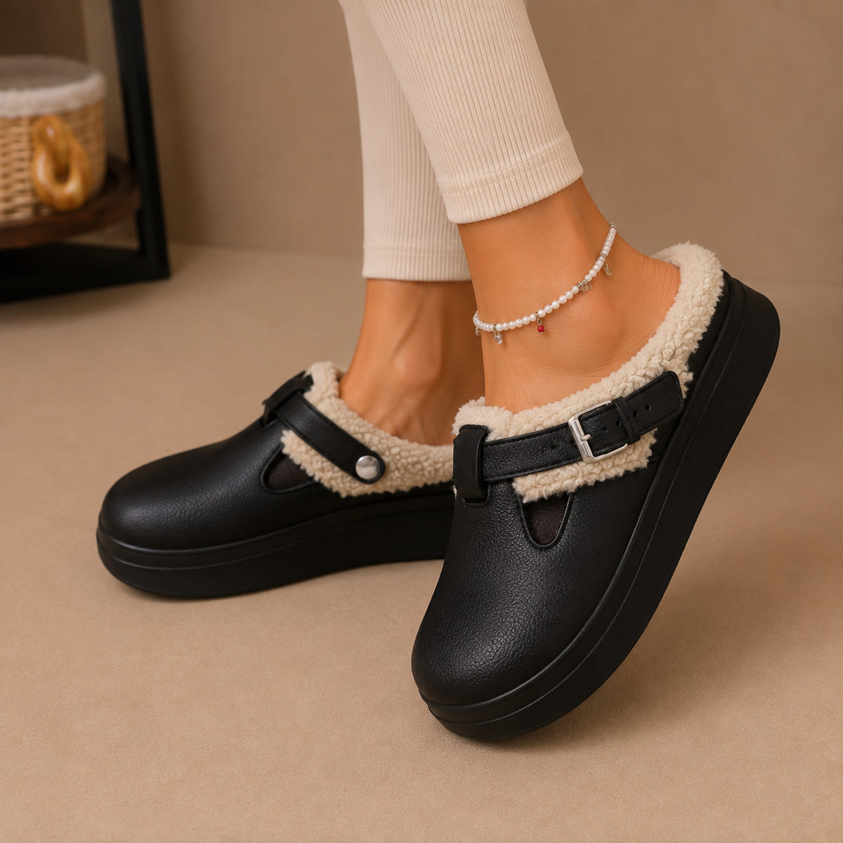 Women's Fleece-Lined Cushioned Buckle Slippers