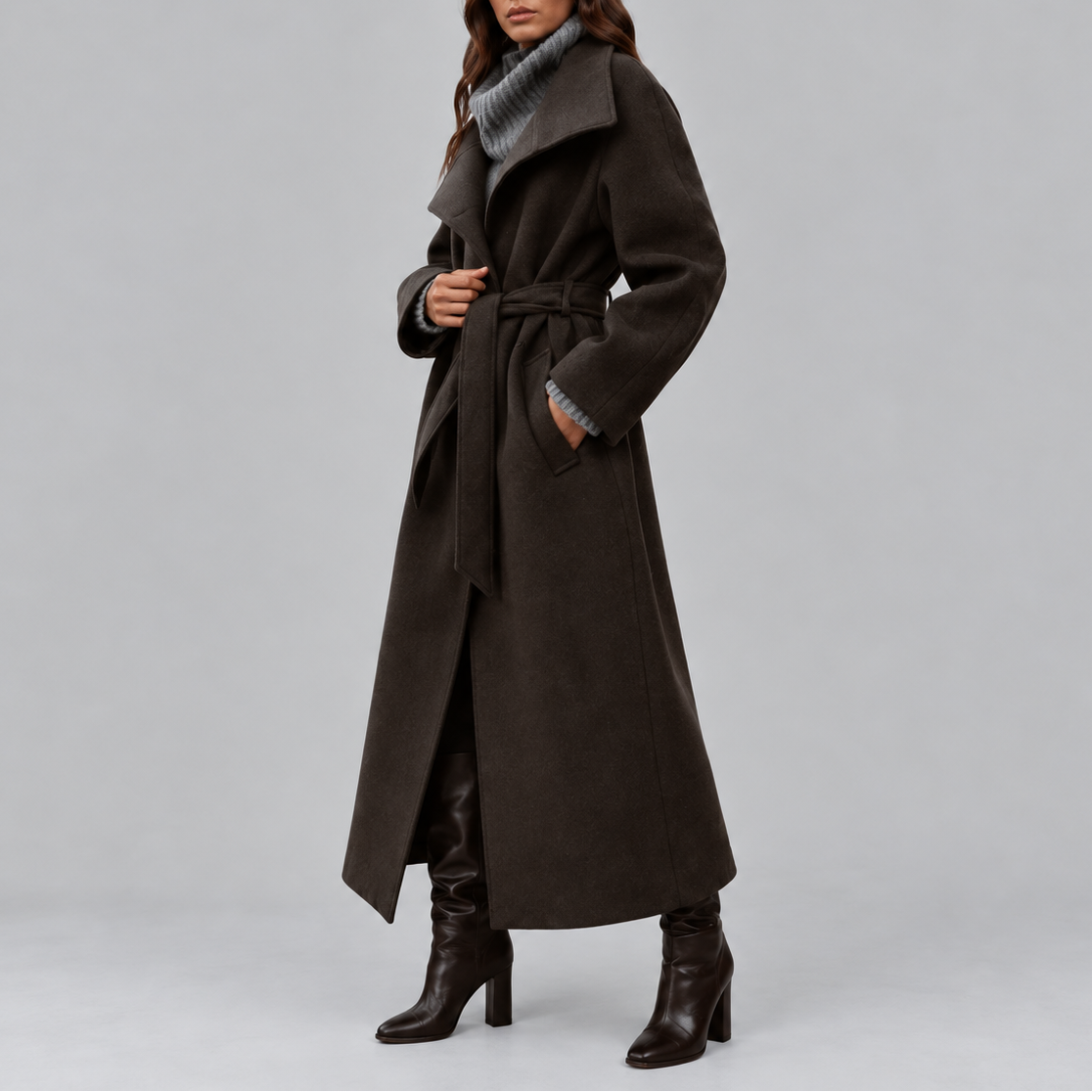 Women's Belted Wool Long Coat