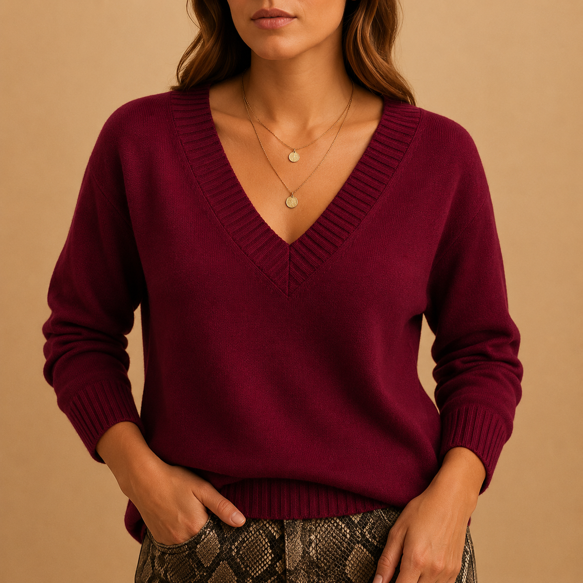 Women's Ribbed V-Neck Knit Jumper