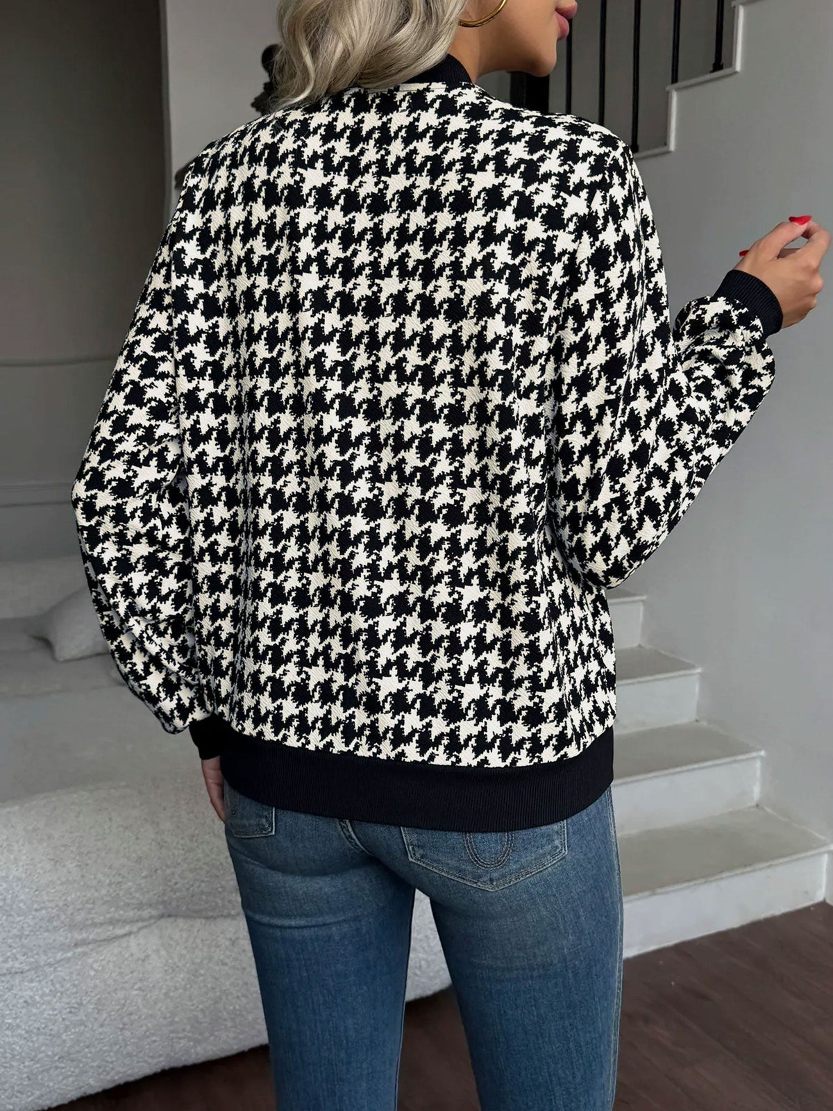 Women's Houndstooth Ribbed Bomber Jacket