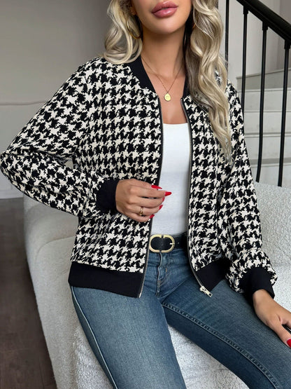 Women's Houndstooth Ribbed Bomber Jacket