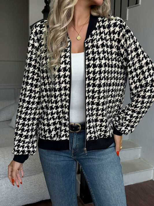 Women's Houndstooth Ribbed Bomber Jacket