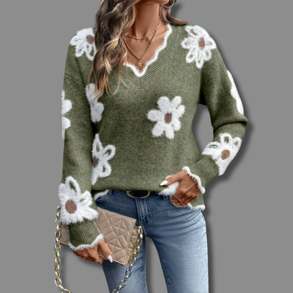 Women's Daisy Floral V-Neck Jumper