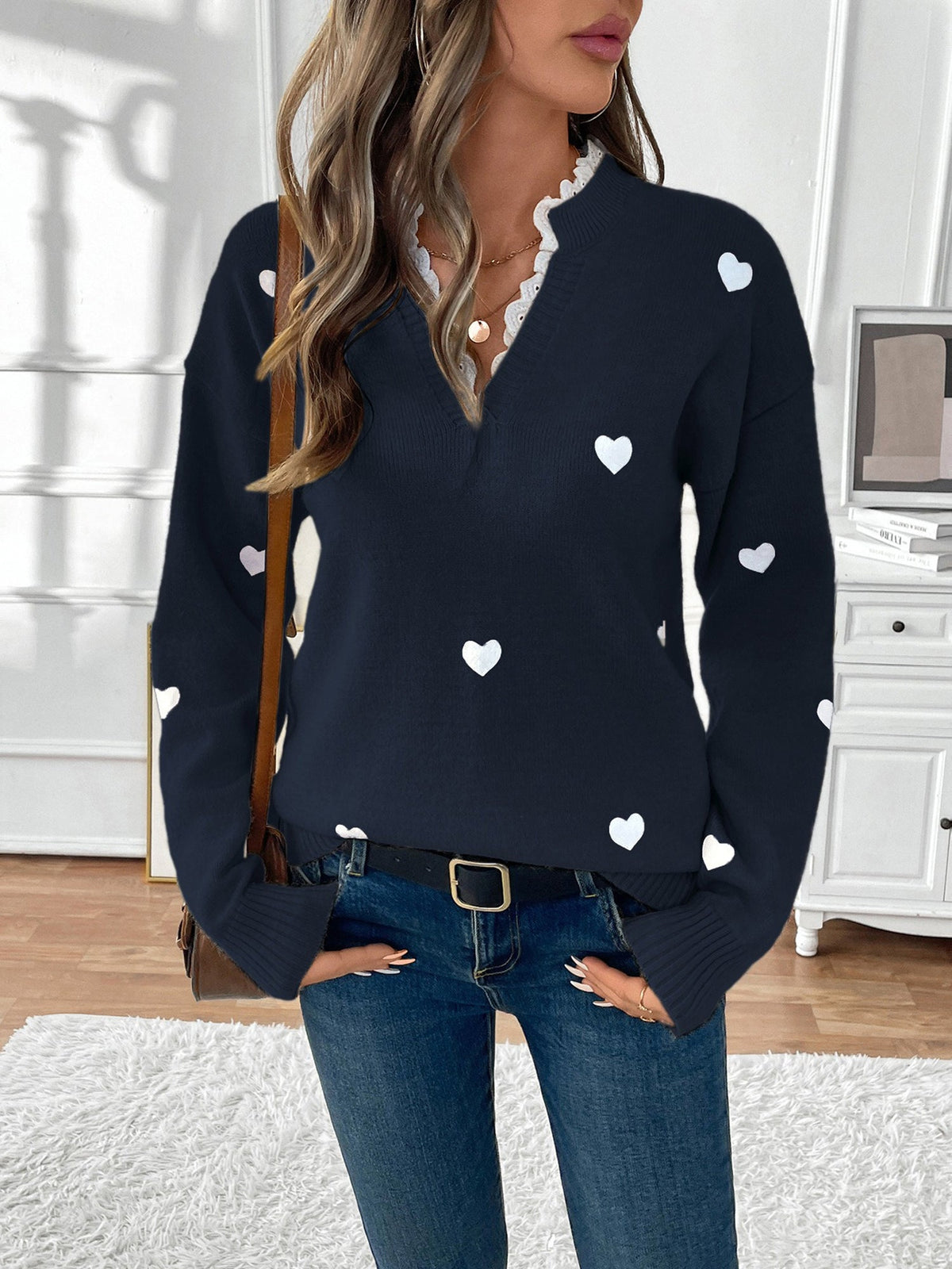 Women's Heart Print Lace Jumper