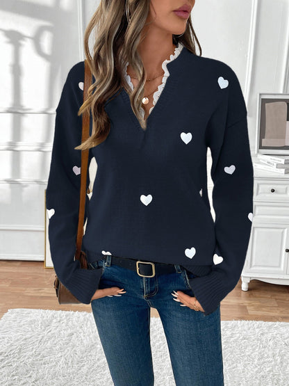 Women's Heart Print Lace Jumper