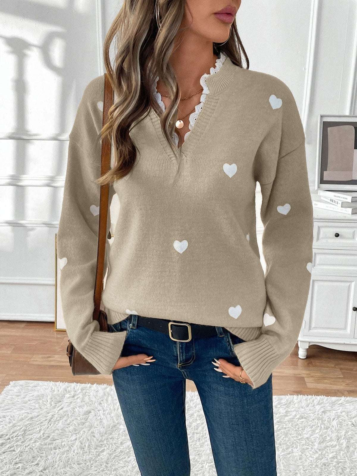 Women's Heart Print Lace Jumper