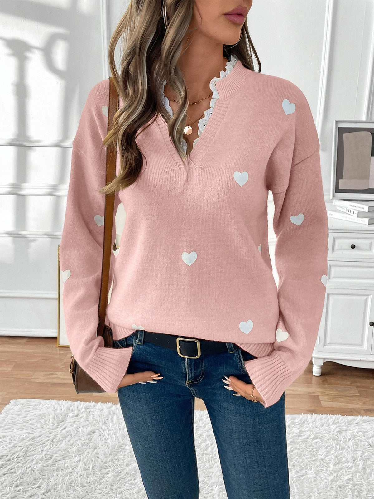 Women's Heart Print Lace Jumper