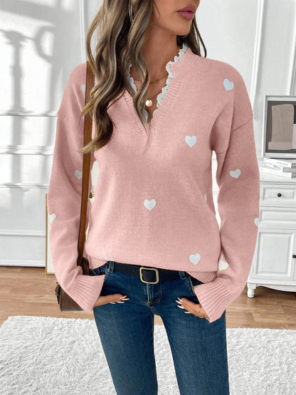 Women's Heart Print Lace Jumper
