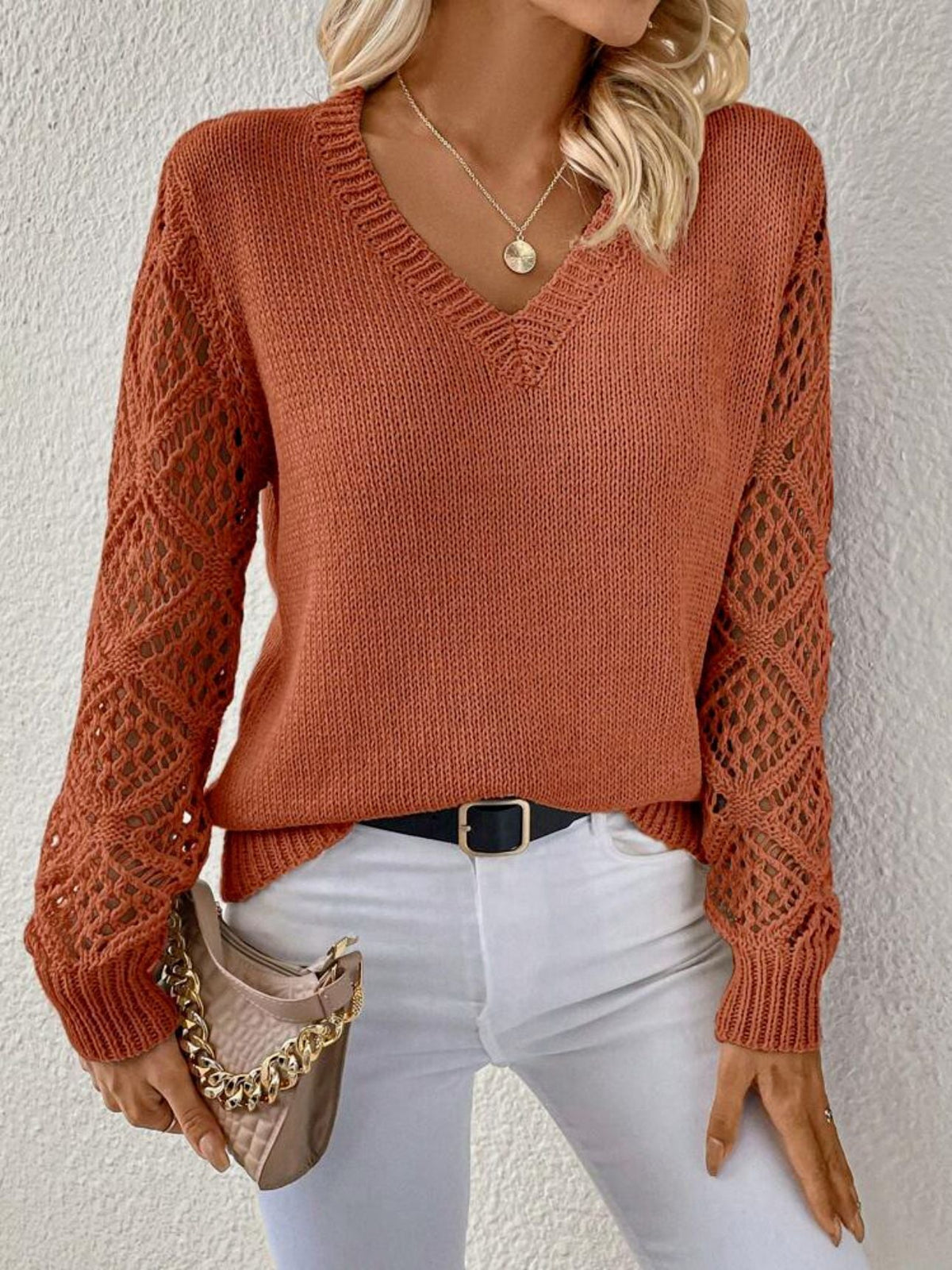 Women's Crochet Sleeve V-Neck Jumper