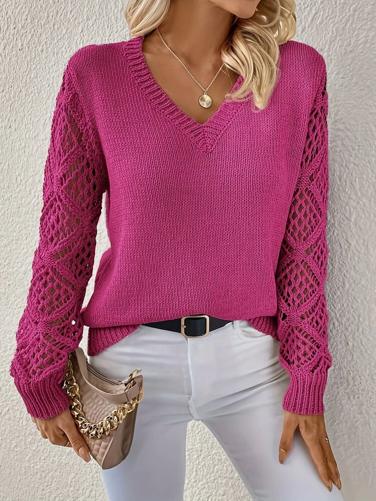 Women's Crochet Sleeve V-Neck Jumper