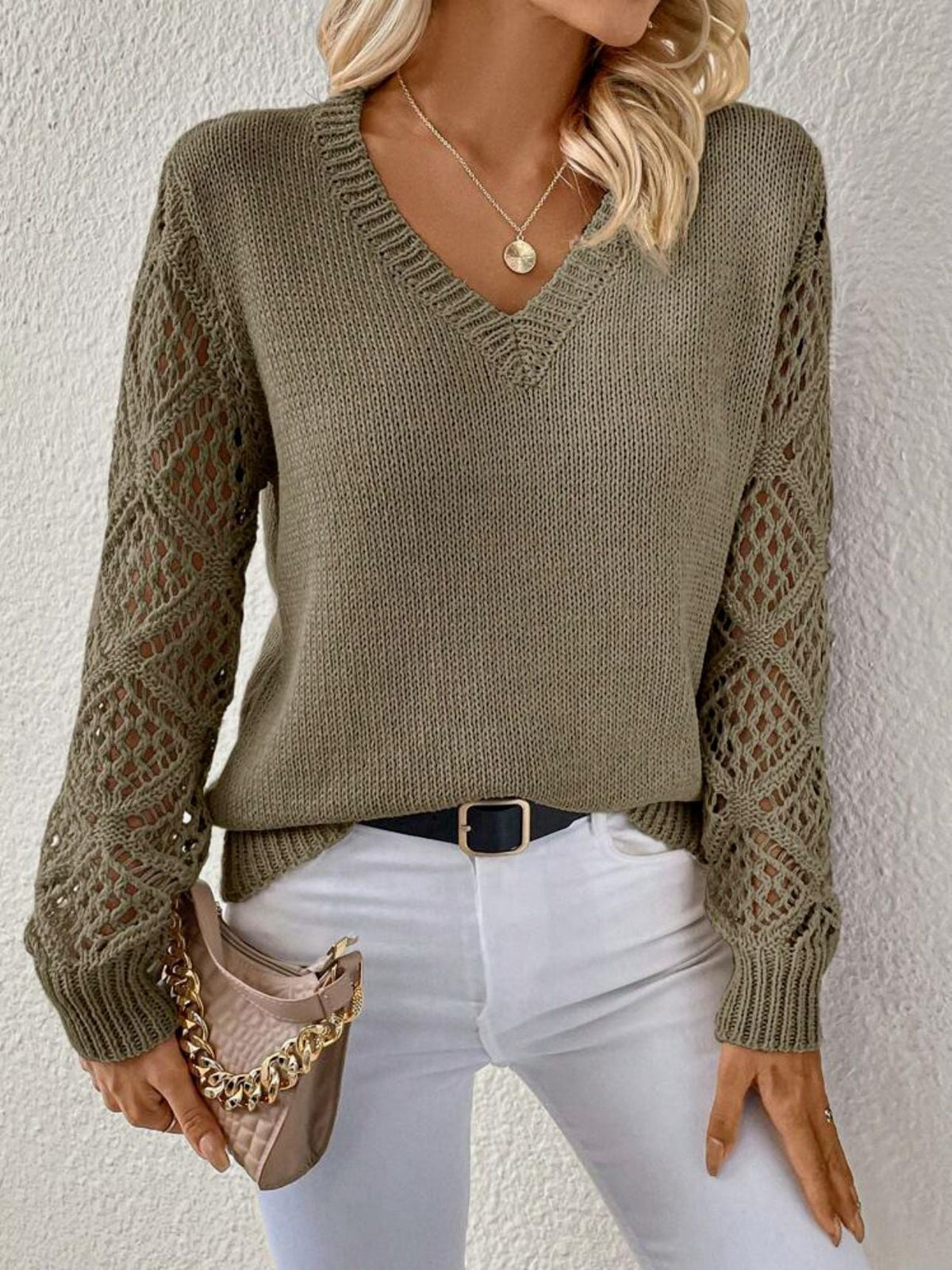 Women's Crochet Sleeve V-Neck Jumper