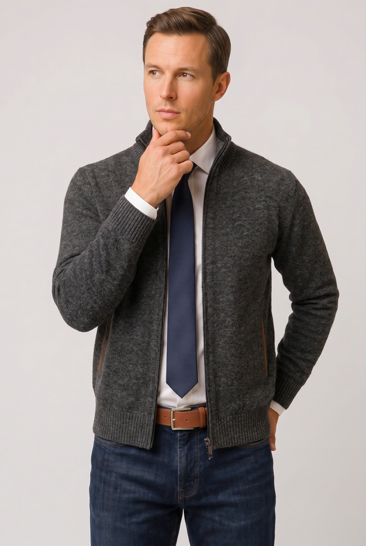 Men's Crochet Knit Zip Cardigan
