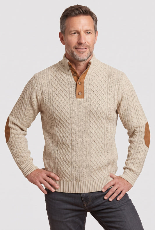 Men's Textured Button Neck Jumper
