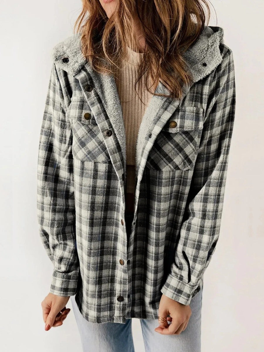 Women's Check Sherpa Hooded Shacket