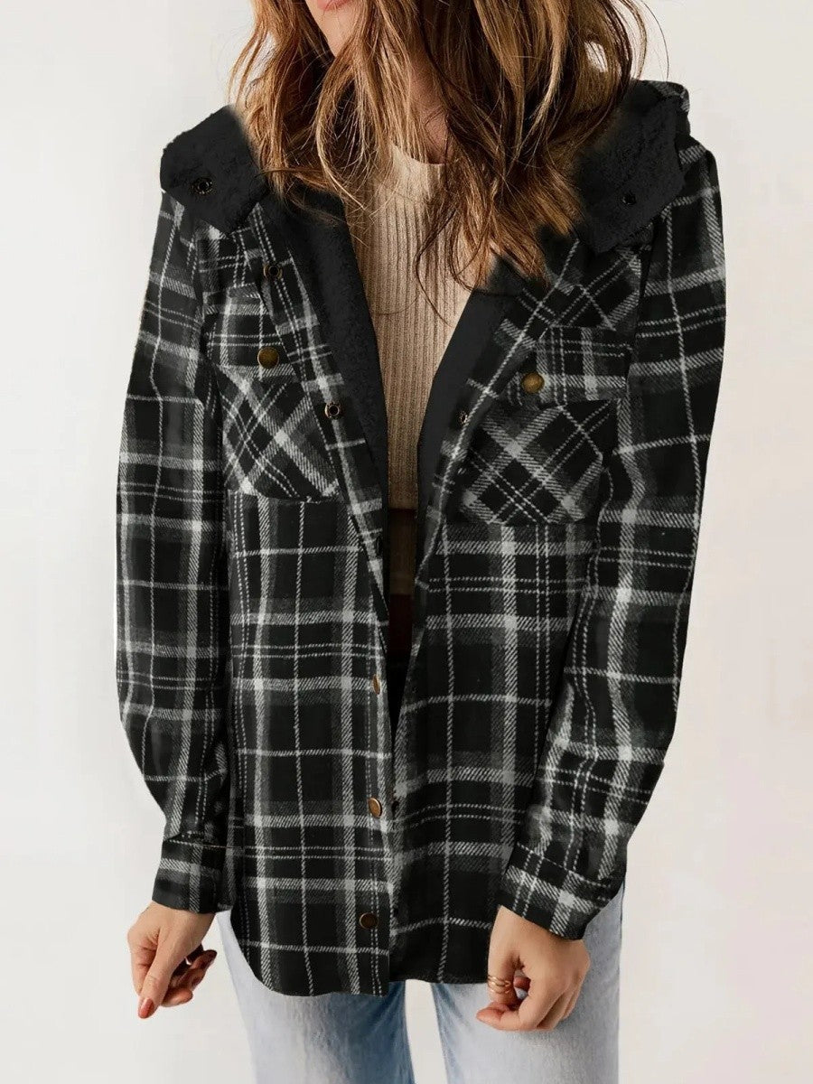 Women's Check Sherpa Hooded Shacket