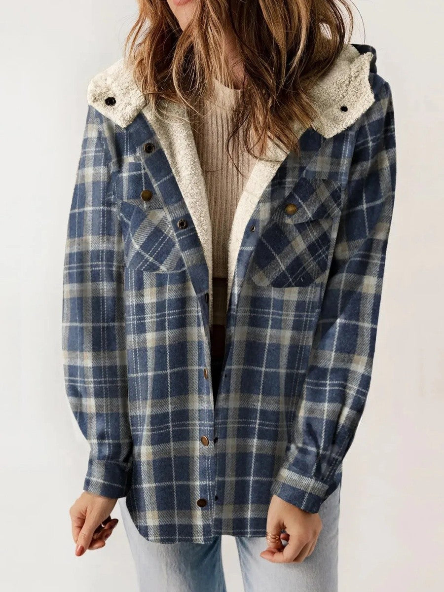Women's Check Sherpa Hooded Shacket