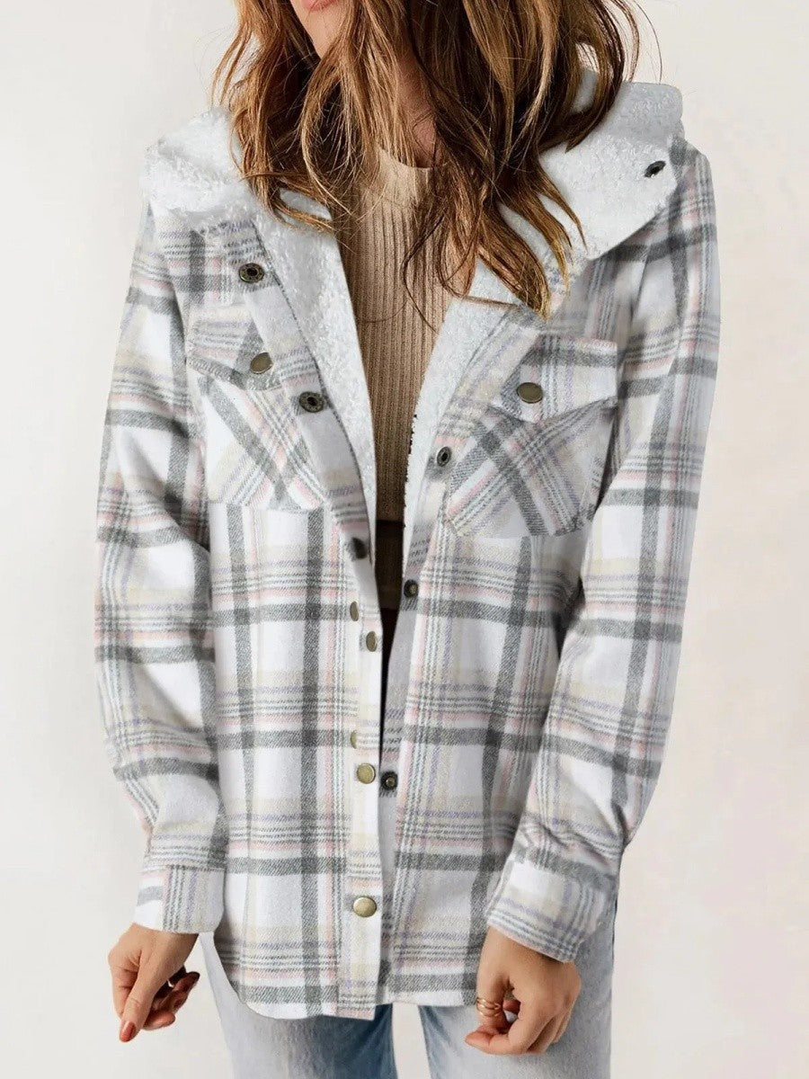 Women's Check Sherpa Hooded Shacket