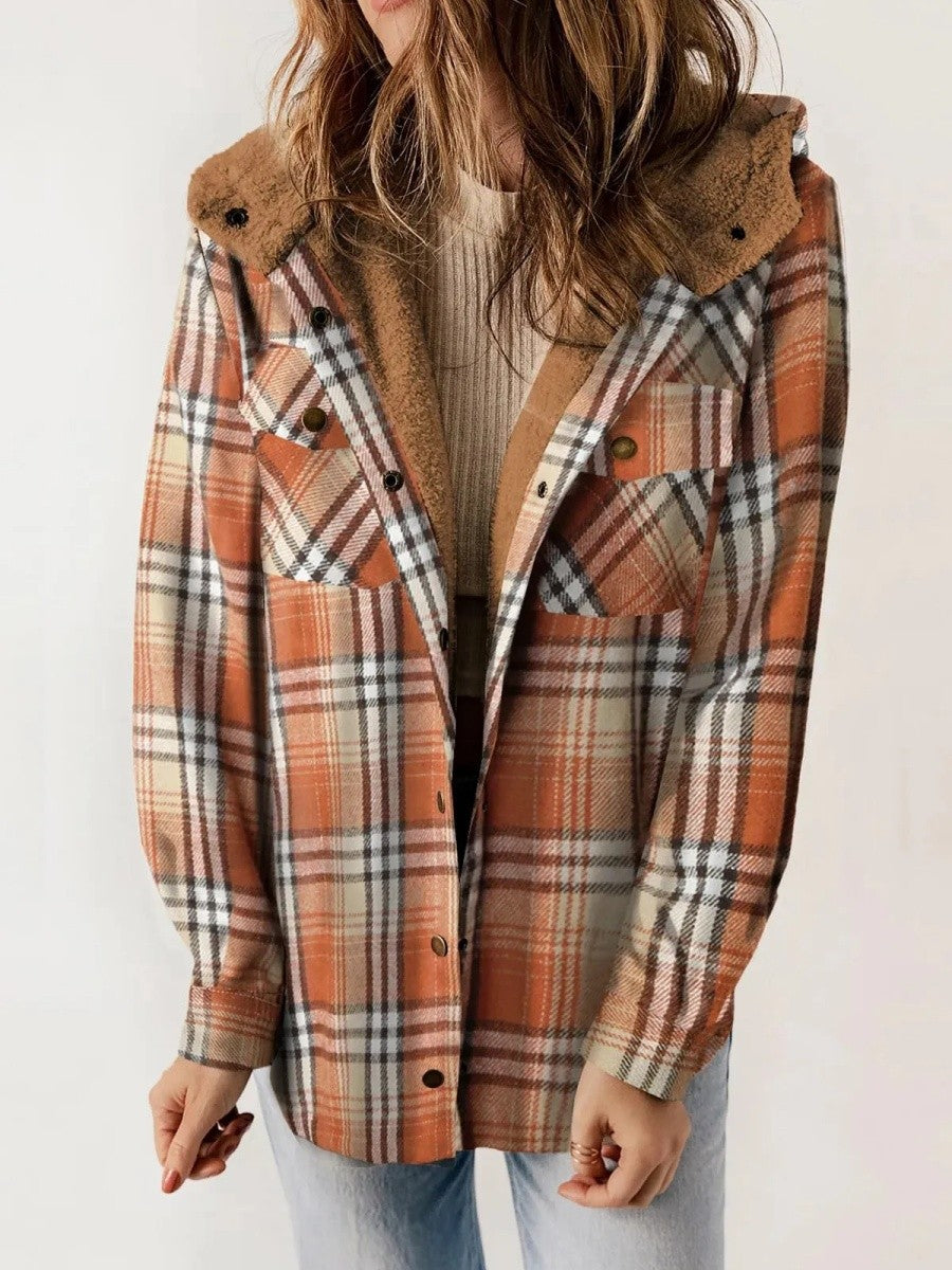 Women's Check Sherpa Hooded Shacket