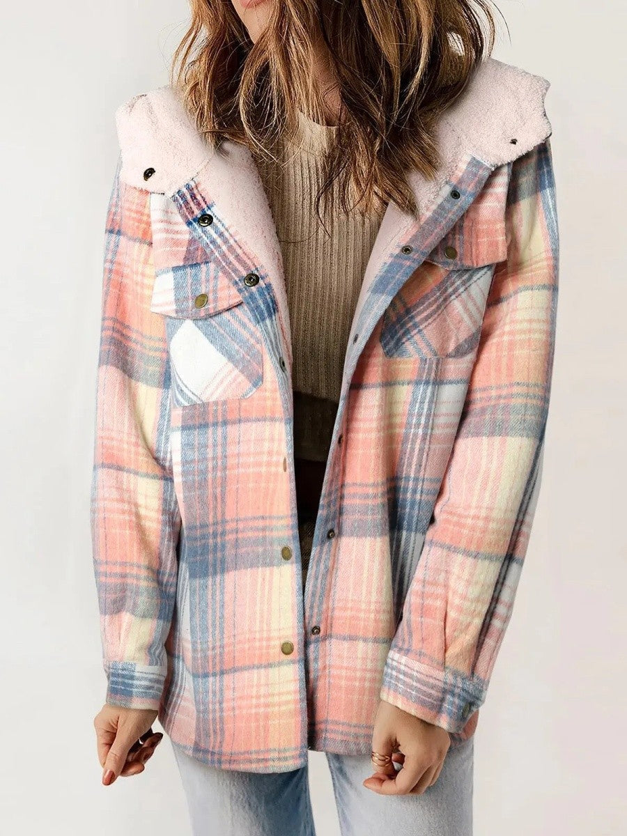 Women's Check Sherpa Hooded Shacket