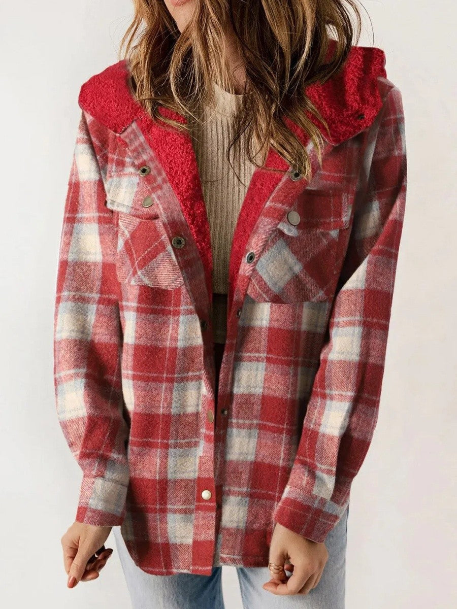 Women's Check Sherpa Hooded Shacket