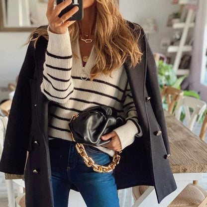 Women's Striped Ribbed Half-Zip Jumper