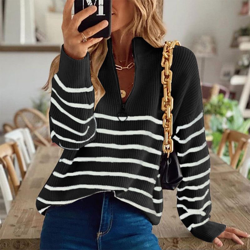 Women's Striped Ribbed Half-Zip Jumper
