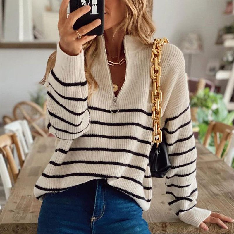 Women's Striped Ribbed Half-Zip Jumper