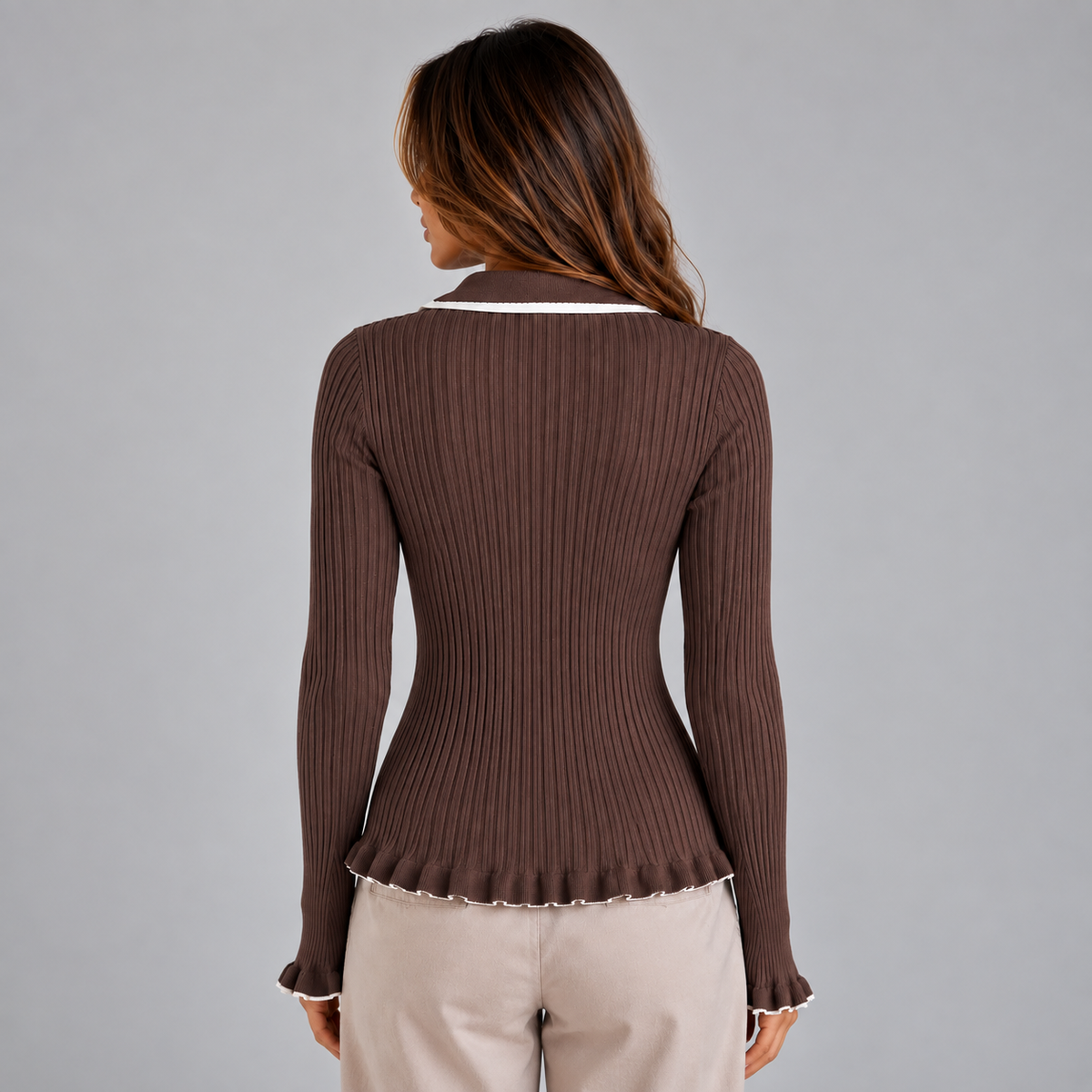 Women's Ribbed Contrast Collar Top