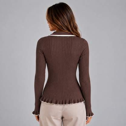 Women's Ribbed Contrast Collar Top