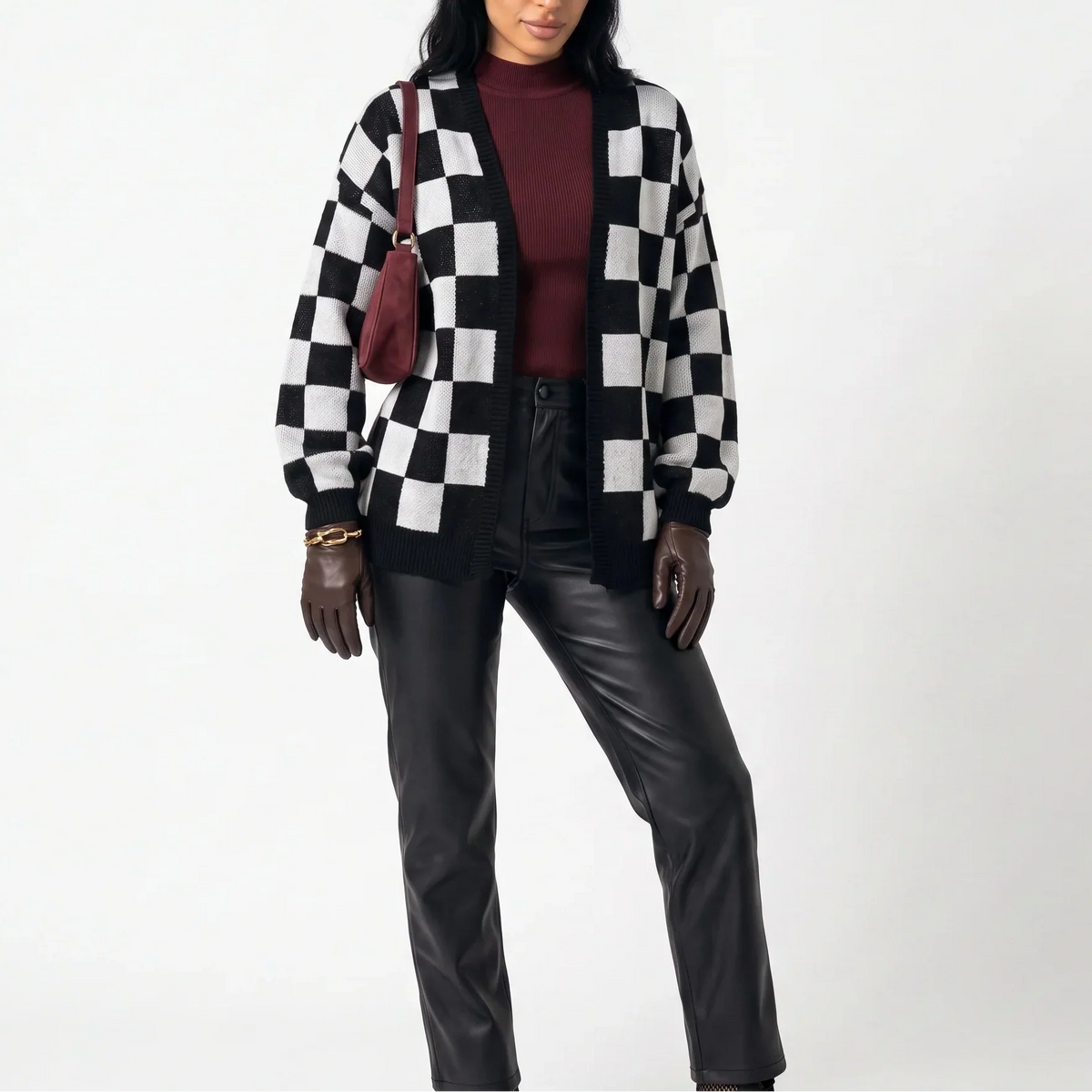 Women's Checkerboard Relaxed Knit Cardigan
