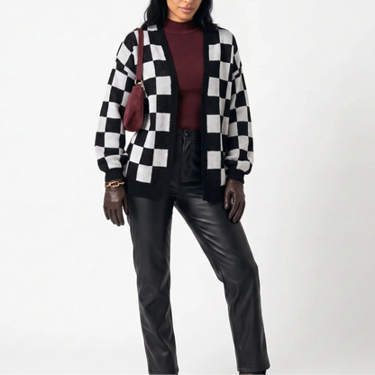 Women's Checkerboard Relaxed Knit Cardigan