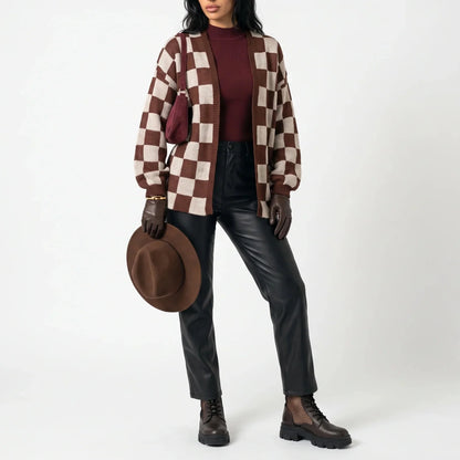 Women's Checkerboard Relaxed Knit Cardigan