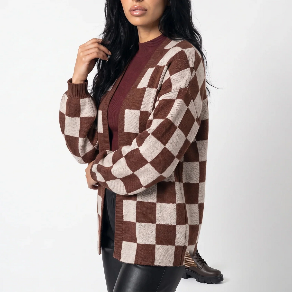 Women's Checkerboard Relaxed Knit Cardigan
