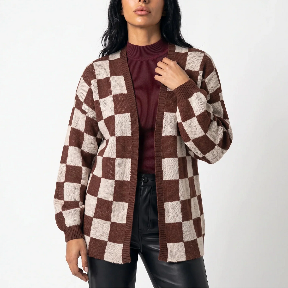Women's Checkerboard Relaxed Knit Cardigan